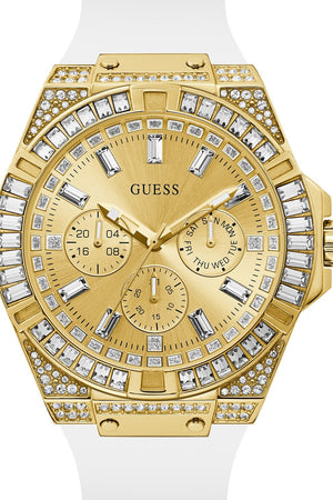 Guess Baguette Crystals Gold Dial White Silicone Strap Watch For Men - GW0208G3 Authentic Buy Shop Now