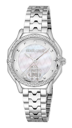 Just Cavalli Classic Diamonds Mother of Pearl Dial Silver Steel Strap Watch for Women - RV1L225M0041