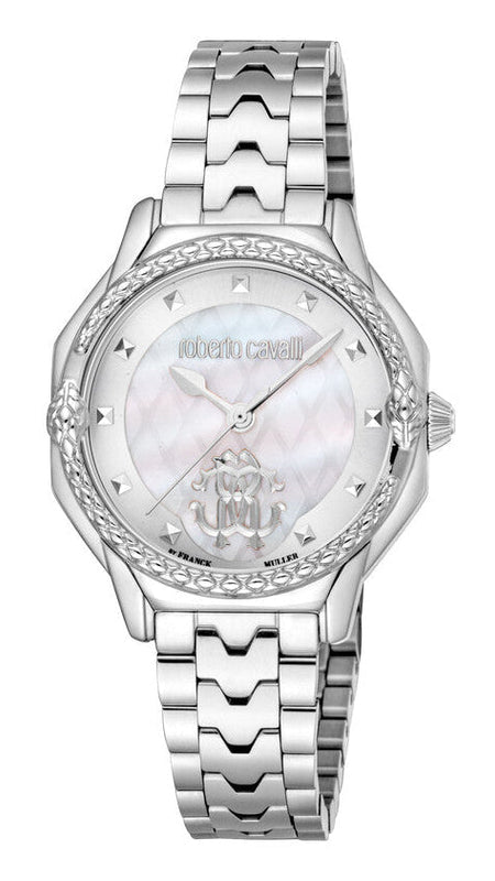 Just Cavalli Classic Diamonds Mother of Pearl Dial Silver Steel Strap Watch for Women - RV1L225M0041