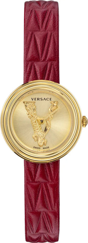 Versace Virtus Mini Quartz Gold Dial Red Leather Strap Watch For Women - VET300521 Authentic Buy Shop Now