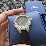Swarovski Lovely Crystals Mother of Pearl Black Dial Black Leather Strap Watch for Women - 5242898 Authentic Buy Shop Now
