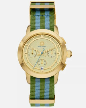 Tory Burch The Tory Chronograph White Dial Two Tone NATO Strap Watch for Women - TBW1037 Authentic Buy Shop Now