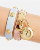 Versace Medusa Lock Icon Quartz Gold Dial Pink & Blue Leather Strap Watch For Women - VEDW00219 Authentic Buy Shop Now