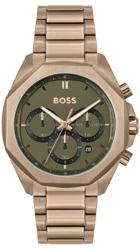 Hugo Boss Classic Chronograph Green Dial Beige Gold Steel Strap Watch For Men - 1514019 Authentic Buy Shop Now
