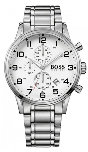 Hugo Boss Aeroliner Chronograph Quartz White Dial Silver Steel Strap Watch For Men - HB1512445 Authentic Buy Shop Now