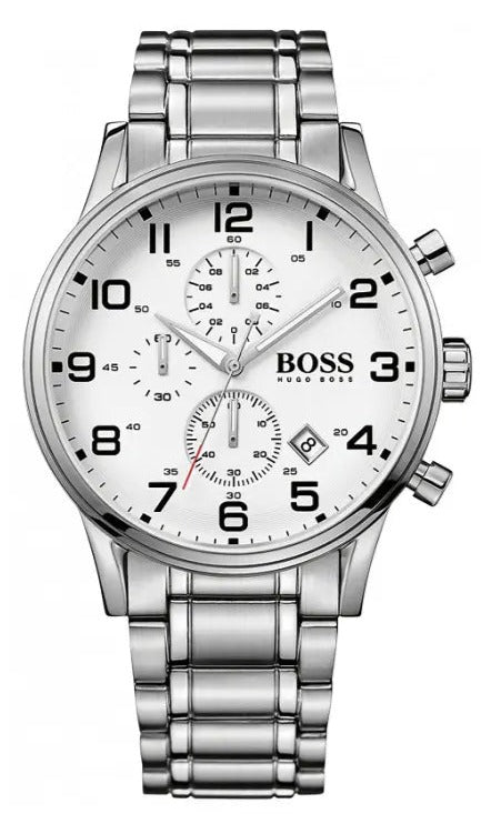 Hugo Boss Aeroliner Chronograph Quartz White Dial Silver Steel Strap Watch For Men - HB1512445 Authentic Buy Shop Now
