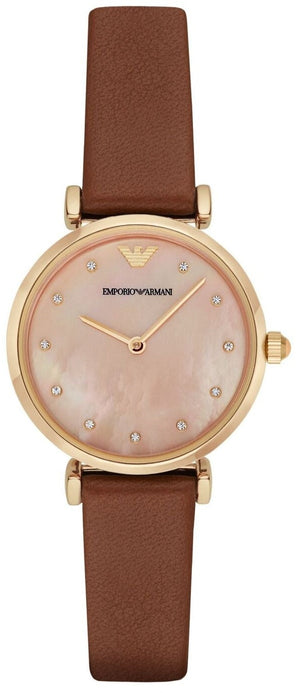 Emporio Armani Gianni T Bar Quartz Pink Mother of Pearl Dial Brown Leather Strap Watch For Women - AR1960 Authentic Buy Shop Now
