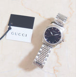 Gucci G Timeless Diamonds Mother of Pearl Black Dial Silver Mesh Bracelet Watch For Women - YA126507 Authentic Buy Shop Now