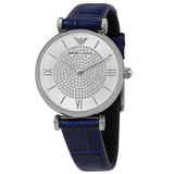 Emporio Armani Gianni T Bar Quartz Crystals Silver Dial Blue Leather Strap Watch For Women - AR11344 Authentic Buy Shop Now