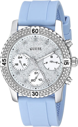 Guess Confetti Crystal Silver Dial Blue Rubber Strap Watch For Women - W1098L3 Authentic Buy Shop Now