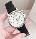 Emporio Armani Classic Quartz Chronograph White Dial Black Leather Strap Watch For Men - AR1807 Authentic Buy Shop Now