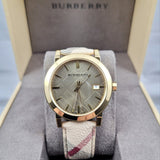 Burberry The City Gold Dial Haymarket Brown Leather Strap Watch for Women - BU9026 Authentic Buy Shop Now