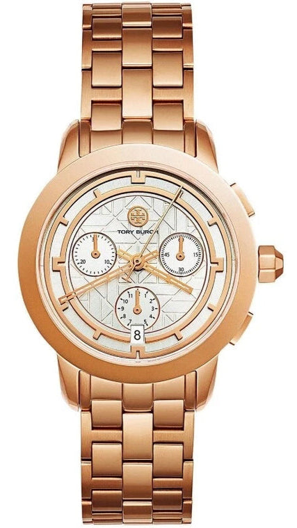 Tory Burch Classic Chronograph White Dial Rose Gold Steel Strap Watch for Women - TBW1033 Authentic Buy Shop Now