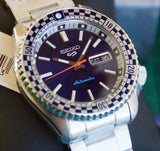 Seiko 5 Sports Petrol Blue Checker Flag Special Edition Blue Dial Silver Steel Strap Watch For Men - SRPK65K1 Authentic Buy Shop Now
