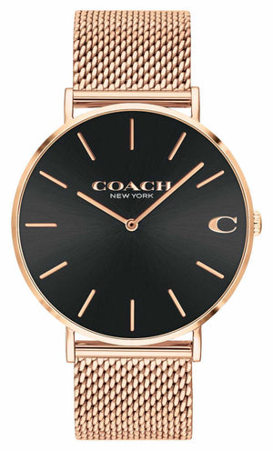 Coach Charles Black Dial Rose Gold Mesh Bracelet Watch for Men - 14602552 Authentic Buy Shop Now