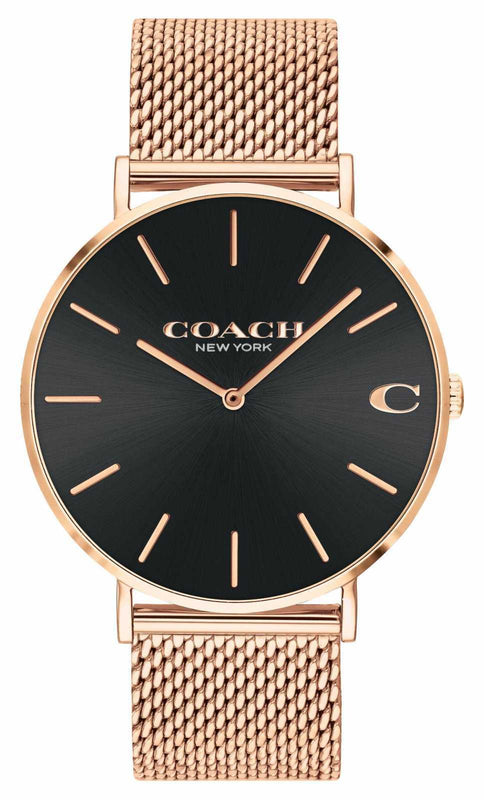 Coach Charles Black Dial Rose Gold Mesh Bracelet Watch for Men - 14602552 Authentic Buy Shop Now