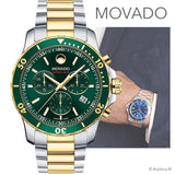 Movado Series 800 Chronograph Green Dial Two Tone Steel Strap Watch For Men - 2600148 Authentic Buy Shop Now
