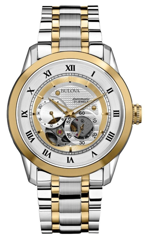 Bulova BVA Skeleton Silver Dial Two Tone Steel Strap Watch for Men - 98A123 Authentic Buy Shop Now