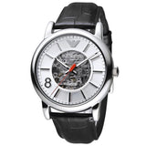 Emporio Armani Meccanico Silver Skeleton Dial Black Leather Watch For Men - AR1997 Authentic Buy Shop Now