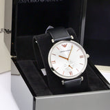 Emporio Armani Gianni T Bar Mother of Pearl Dial Black Leather Strap Watch For Women - AR90002 Authentic Buy Shop Now