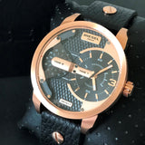 Diesel Mini Daddy Dual Time Black & Gold Dial Black Leather Strap Watch For Men - DZ7317 Authentic Buy Shop Now