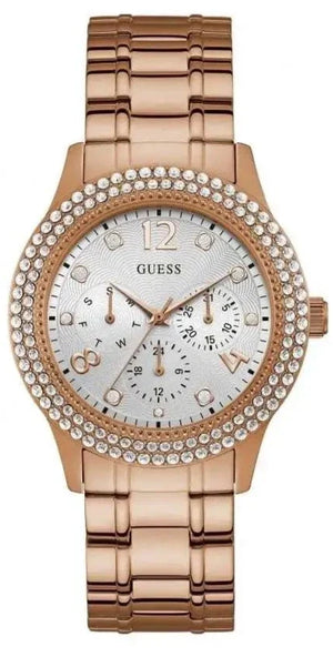 Guess Bedazzle Diamonds Silver Dial Rose Gold Steel Strap Watch For Women - W1097L3 Authentic Buy Shop Now