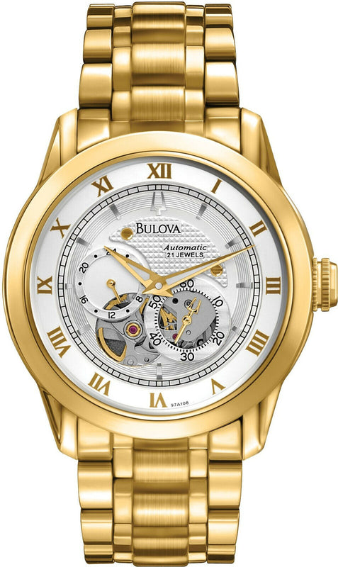 Bulova BVA Skeleton Silver Dial Gold Steel Strap Watch for Men - 97A108 Authentic Buy Shop Now