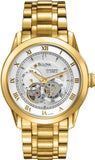Bulova BVA Skeleton Silver Dial Gold Steel Strap Watch for Men - 97A108 Authentic Buy Shop Now