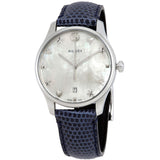 Gucci G-Timeless Signature Mother of Pearl Silver Dial Blue Leather Strap Watch For Women - YA1264049 Authentic Buy Shop Now