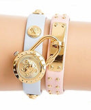 Versace Medusa Lock Icon Quartz Gold Dial Pink & Blue Leather Strap Watch For Women - VEDW00219 Authentic Buy Shop Now