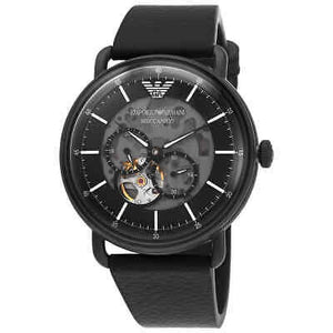 Emporio Armani Meccanico Automatic Skeleton Dial Black Leather Strap Watch For Men - AR60008 Authentic Buy Shop Now