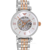 Emporio Armani Gianni T Bar Silver Skeleton Dial Two Tone Strap Watch For Women - AR1992 Authentic Buy Shop Now
