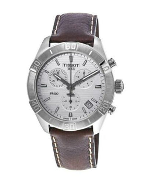 Tissot PR 100 Sport Quartz Chronograph Silver Dial Brown Leather Strap Watch For Men - T101.617.16.031.00 Authentic Buy Shop Now