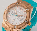 Guess Jet Setter White Dial Turquoise Silicone Strap Watch For Women - W0564L3 Authentic Buy Shop Now