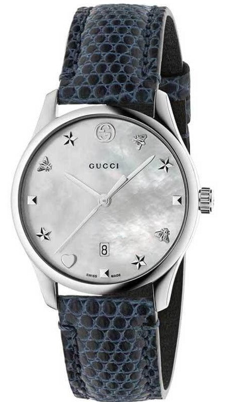 Gucci G-Timeless Signature Mother of Pearl Silver Dial Blue Leather Strap Watch For Women - YA1264049 Authentic Buy Shop Now
