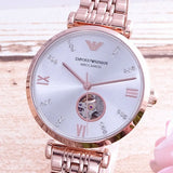 Emporio Armani Gianni T-Bar Silver Dial Rose Gold Steel Strap Watch For Women - AR60023 Authentic Buy Shop Now