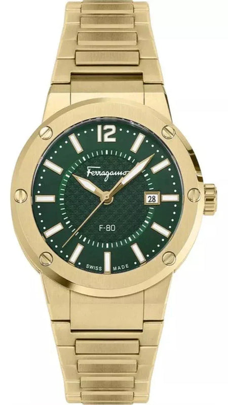 Salvatore Ferragamo F-80 Green Dial Gold Steel Strap Watch for Men - SFHY02921 Authentic Buy Shop Now
