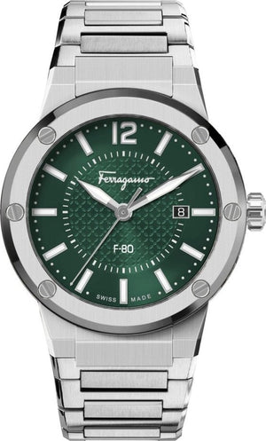 Salvatore Ferragamo F-80 Bracelet Green Dial Silver Steel Strap Watch For Men - SFHY00621 Authentic Buy Shop Now