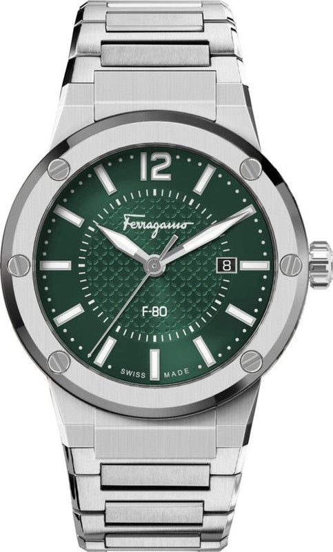 Salvatore Ferragamo F-80 Bracelet Green Dial Silver Steel Strap Watch For Men - SFHY00621 Authentic Buy Shop Now