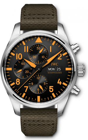 IWC Pilot's Watch Chronograph Black Dial Olive Green Calfskin Strap Watch for Men - IW377730 Authentic Buy Shop Now