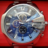 Diesel Mega Chief Chronograph Blue Dial Silver Steel Strap Watch For Men - DZ4417 Authentic Buy Shop Now