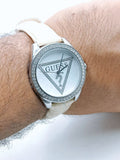 Guess Mini Triangle Quartz Diamonds Silver Dial White Leather Strap Watch For Women - W65006L1 Authentic Buy Shop Now