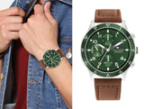 Tommy Hilfiger Jimmy Chronograph Green Dial Brown Leather Strap Watch For Men - 1791948 Authentic Buy Shop Now