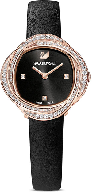 Swarovski Crystal Flower Black Dial Black Leather Strap Watch for Women - 5552421 Authentic Buy Shop Now