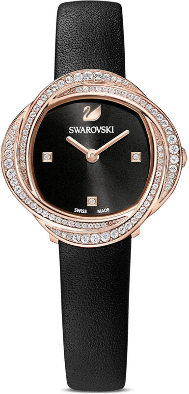 Swarovski Crystal Flower Black Dial Black Leather Strap Watch for Women - 5552421 Authentic Buy Shop Now