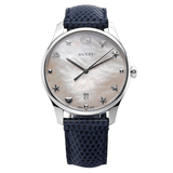 Gucci G-Timeless Signature Mother of Pearl Silver Dial Blue Leather Strap Watch For Women - YA1264049 Authentic Buy Shop Now