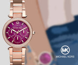 Michael Kors Mini Parker Multi-Function Plum Mother of Pearl Dial Rose Gold Steel Strap Watch For Women - MK6403 Authentic Buy Shop Now