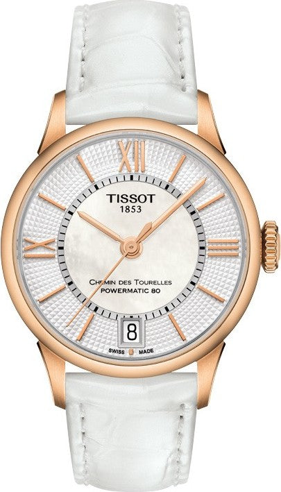 Tissot Chemin Des Tourelles Powermatic 80 Lady Silver Dial White Leather Strap Watch For Women - T099.207.36.118.00 Authentic Buy Shop Now