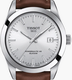 Tissot Gentleman Powermatic 80 Silicium Silver Dial Brown Leather Strap Watch For Men - T127.407.16.031.00 Authentic Buy Shop Now