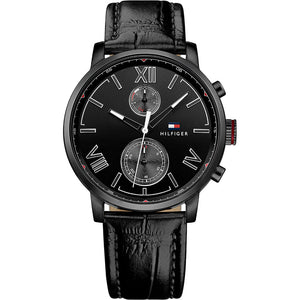 Tommy Hilfiger Aden Chronograph Black Dial Black Leather Strap Watch for Men - 1791310 Authentic Buy Shop Now